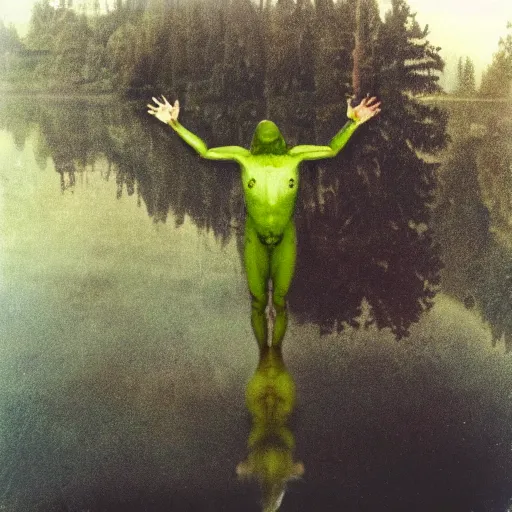 Prompt: semi translucent frog hovering over misty lake in Jesus Christ pose, polaroid photography by Andrei Tarkovsky, paranormal, spiritual, mystical