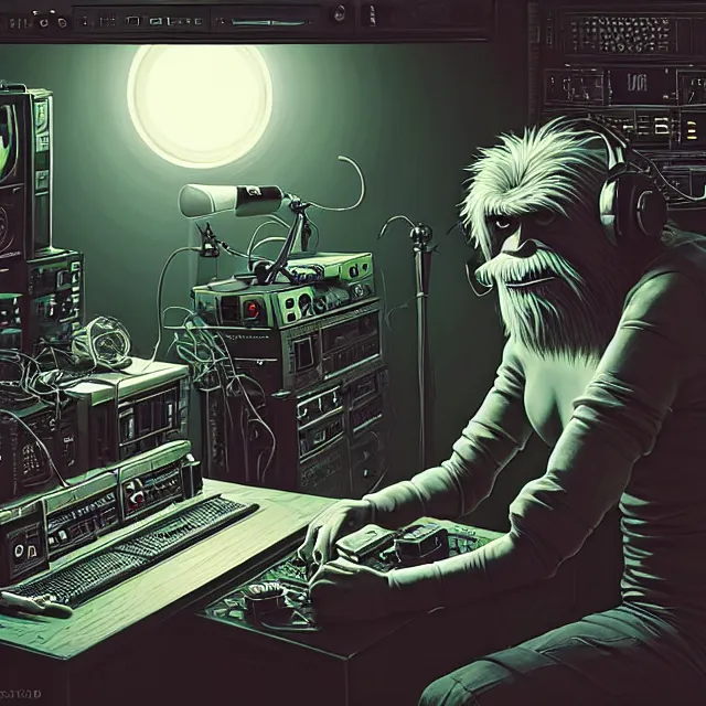 Image similar to a portrait of an anthropomorphic cyberpunk yeti podcasting while working in his secret electronics lab, detailed render, tape deck, microphone, boombox, headphones, epic composition, cybernetics, 4 k realistic, cryengine, realistic shaded lighting, sharp focus, masterpiece, by matteo scalera, gary montalbano, peter elson in the style of the tokyo ghost comic