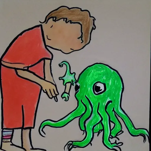 Image similar to “ a child ’ s drawing of himself with his imaginary friend cthulhu ”