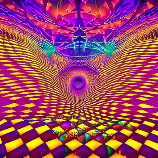 Image similar to Psychedelic Inter-dimensional freemasonic occultic chequered trippy dreamscape in the style of a photo-realistic album cover ( Digital art unreal engine, 3d highly detailed, 8k, UHD, fantasy, dream, otherworldly, bizzare, spirals, colourful, vivid)