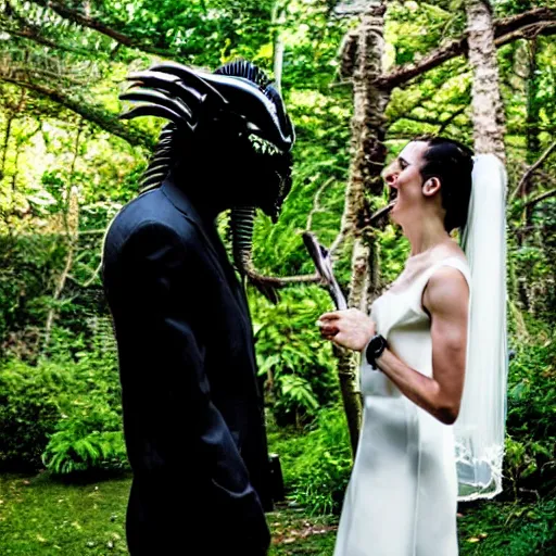 Image similar to wedding photography picture of a predator ( from the predator movies ) as the groom and a xenomorph alien as the bride in an outdoor wedding ceremony