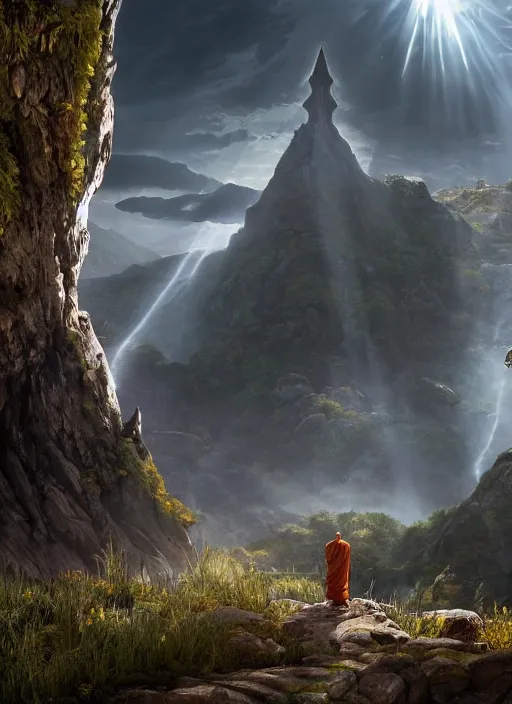 Prompt: a cosmic monk in lord of the rings scenery landscape, looking out at a gigantic temple made of alien architecture, lush valley, sunrise, god's rays, highly detailed, vivid color, cinematic lighting, perfect composition, 8 k, gustave dore, derek zabrocki, greg rutkowski, belsinski, octane render