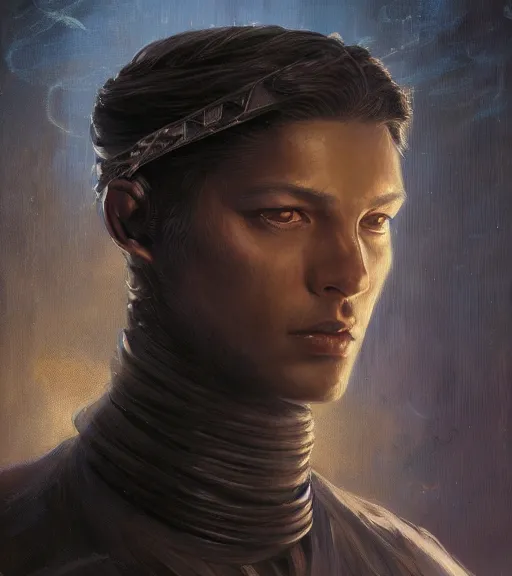 Image similar to portrait of a male dark Jedi by karol bak, WLOP, James Jean, tom bagshaw, rococo, trending on artstation, glossy eyes, face, fantasy, intricate, elegant, highly detailed, digital painting, concept art, smooth, sharp focus, illustration, cinematic lighting, hyper realism, octane render, 8k, hyper detailed.