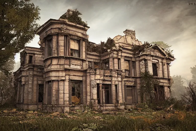 Prompt: ruined, abandoned polish mansion, seen from inside, low camera angle. Moonlight falls through the broken windows. Dirt, leaves on ground. Unreal Engine. Substance painter. Zbrush. Trending on artstation. 8K. Highly detailed.