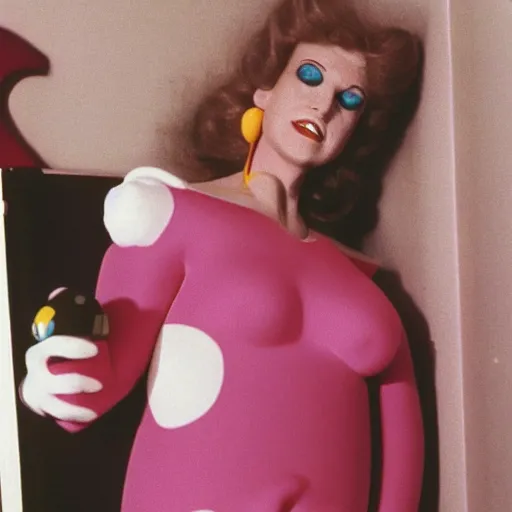 Image similar to bored housewife meets a sad inflatable toy in a seedy motel room, 1978 color Fellini film, ugly motel room with dirty walls and old furniture, archival footage, technicolor film, 16mm, live action, John Waters, campy and colorful