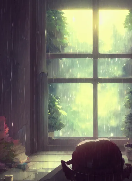 Image similar to [ background ] interior, near the window, rainy outside, illustration concept art anime key visual trending pixiv fanbox by wlop and greg rutkowski and makoto shinkai and studio ghibli