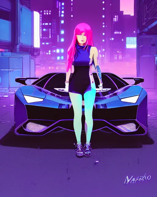 Image similar to digital illustration of cyberpunk pretty girl with blue hair, standing in front of a purple lamborghini, in junkyard at night, by makoto shinkai, ilya kuvshinov, lois van baarle, rossdraws, basquiat