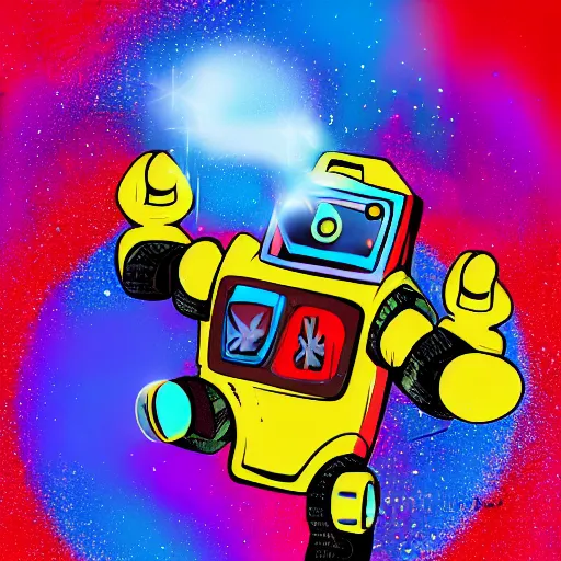 Prompt: a cute little robot at a centered explosion of colorful powder on background by maxvanzwerg