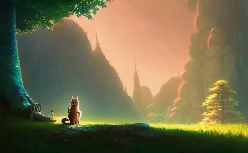 Prompt: a bounty hunter and her cat companion their woodland home in a fantasy studio ghibli animated film, d & d, fantasy concept art, global illumination, beautiful composition, volumetric lighting, octane render by christopher balaskas, highly detailed