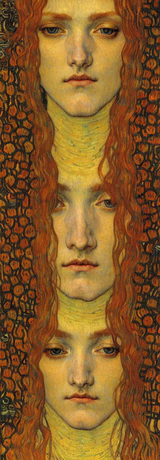 Image similar to detailed realistic beautiful young medieval queen face portrait by jean delville, gustav klimt and vincent van gogh, art nouveau, symbolist, visionary, gothic, pre - raphaelite, muted earthy colors, desaturated