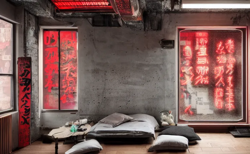 Image similar to maximalist interior of a japanese bedroom, concrete, cyberpunk, japanese neon signs, retro futuristic, old brick walls, rough wood, grey, anthracite, red, akihabara style, swedish style, window with a view of apartment blocks