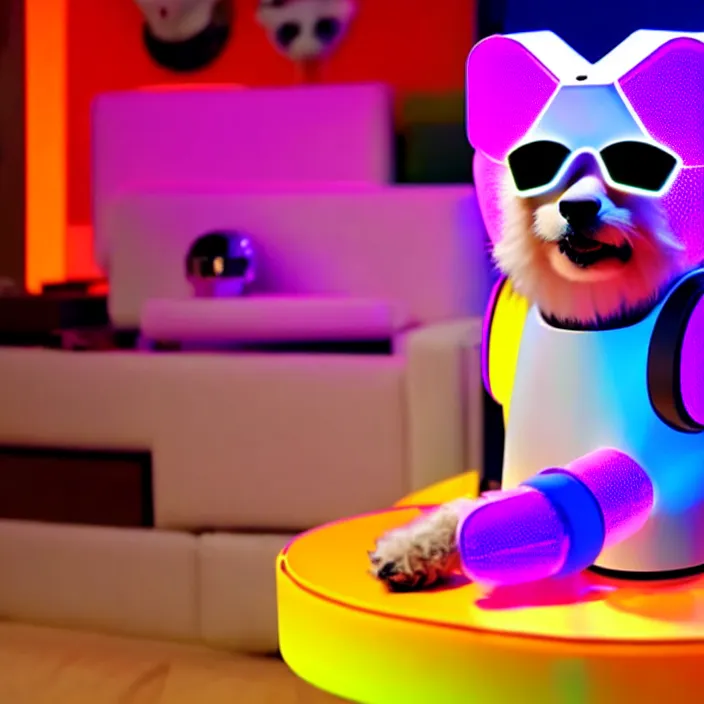 Image similar to a furry dog robot generating beautiful music, colorful, vivid