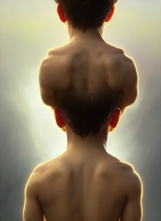 Image similar to perfectly - portrait of a boy from behind, intricate, highly detailed, digital painting, artstation, concept art, smooth, sharp focus, illustration, unreal engine 5, 8 k, art by artgerm and greg rutkowski and alphonse mucha