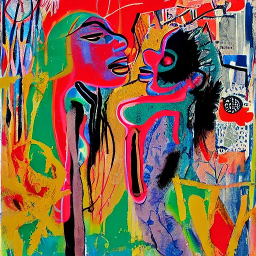Prompt: acrylic painting of two bizarre psychedelic women kissing in japan in spring, speculative evolution, mixed media collage by basquiat and jackson pollock, maximalist magazine collage art, sapphic art, psychedelic illustration