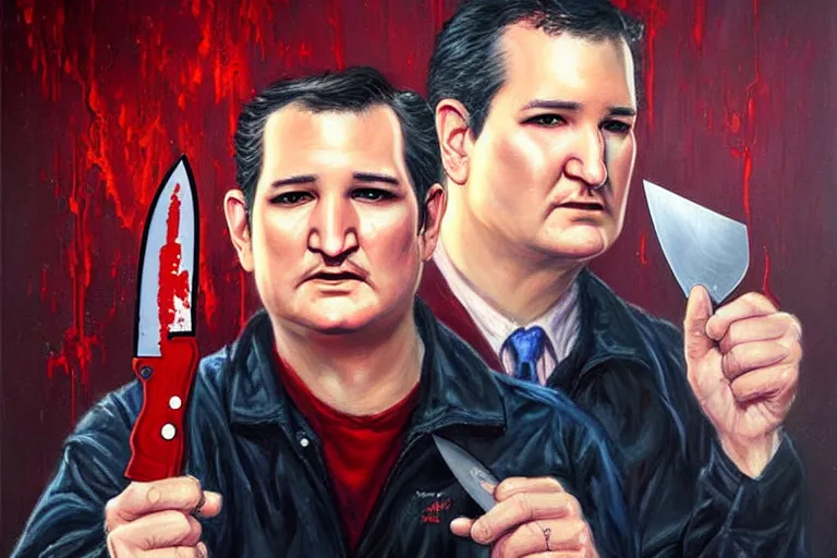 Image similar to portrait of ted cruz with a knife as the zodiac killer bloodied, an oil painting by ross tran and thomas kincade