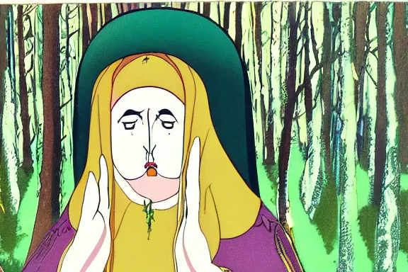 Image similar to the high priestess, animation cel, forest background, detailed, symmetrical face