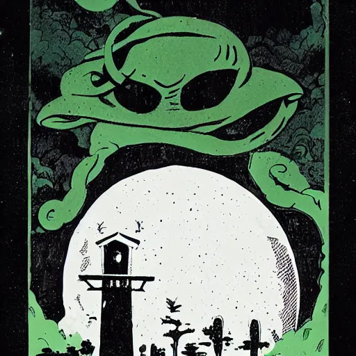 Image similar to ghosts in the bayou, heavy ink, moon in sky, green, mike mignola