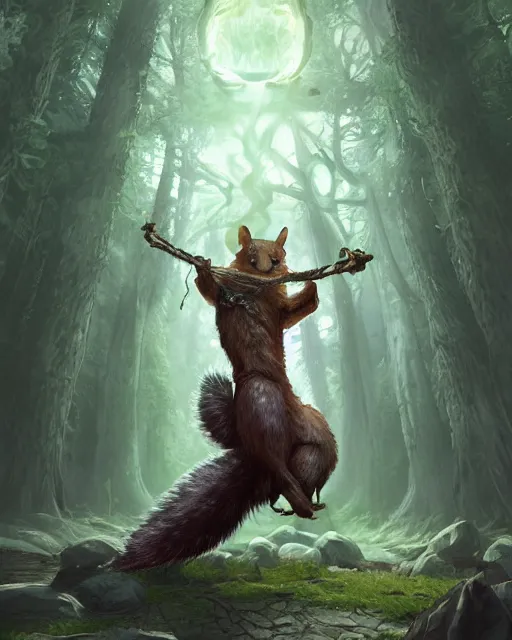 Prompt: Squirrel Shapeshifter Druid Mage, D&D, artstation, fantasy, magic the gathering artwork, cinematic lighting, centered, symmetrical, highly detailed, digital painting, , concept art, smooth, sharp focus, illustration, volumetric lighting, epic Composition, 8k, art by Akihiko Yoshida and Greg Rutkowski and Craig Mullins, oil painting, cgsociety