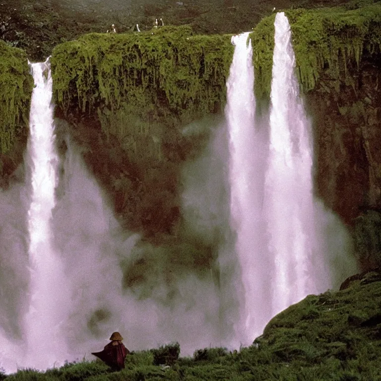 Prompt: bright 1 9 7 0's artistic technicolor spaghetti western film, a large huge group of women in a giant billowing wide long flowing waving shining bright white dresses made of white smoke, standing inside a green mossy irish rocky scenic landscape, huge waterfall, volumetric lighting, backlit, atmospheric, fog, extremely windy, soft focus