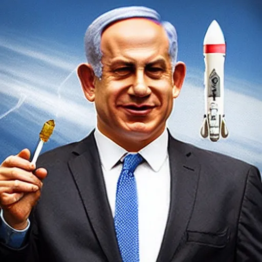 Image similar to Benjamin Netanyahu holding a rocket, highly detailed, realistic