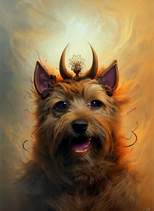 Image similar to norwich terrier as an devil, aesthetic, fine art, intricate, elegant, highly detailed, realistic hair, centered, digital painting, art station, conceptual art, soft, sharp focus, illustration, artwork, artgerm, tomasz alen kopera, peter mohrbacher, donato giancola, wlop, boris vallejo