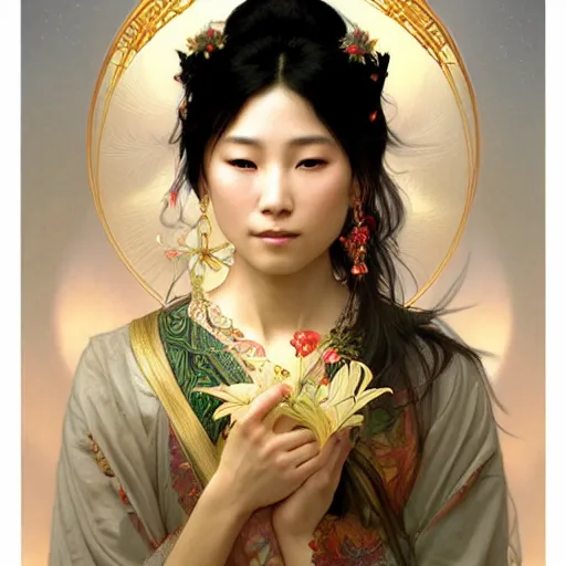 Image similar to portrait of asian goddess, intricate, elegant, highly detailed, digital painting, artstation, concept art, smooth, sharp focus, illustration, art by artgerm and greg rutkowski and alphonse mucha and william - adolphe bouguereau