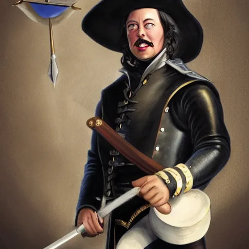 Image similar to elon musk as a musketeer, he has a big black hat and holds a shiny sword