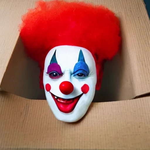 Prompt: a cardboard box opened up with a clown face popping out of it, realistic