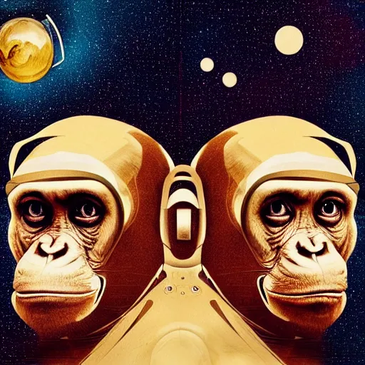 Image similar to double exposure portrait of astronaut and a chimpanzee astronaut with space and time in the the background by davinci, circles, psychedelic, pencil art, high definition, dynamic lighting stars, sharpness, golden ratio