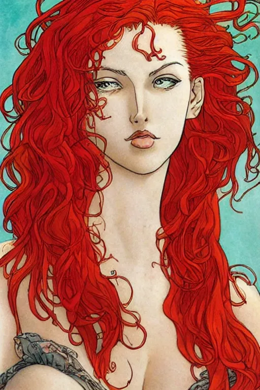 Image similar to aphrodite with long red hair, windy hair, art by Milo Manara