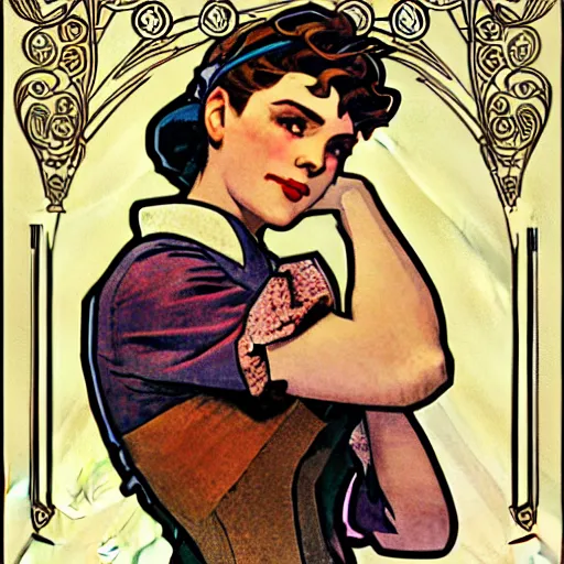 Prompt: a portrait of Rosie the riveter by Alphonse Mucha, intricate details, art nouveau card, 8k