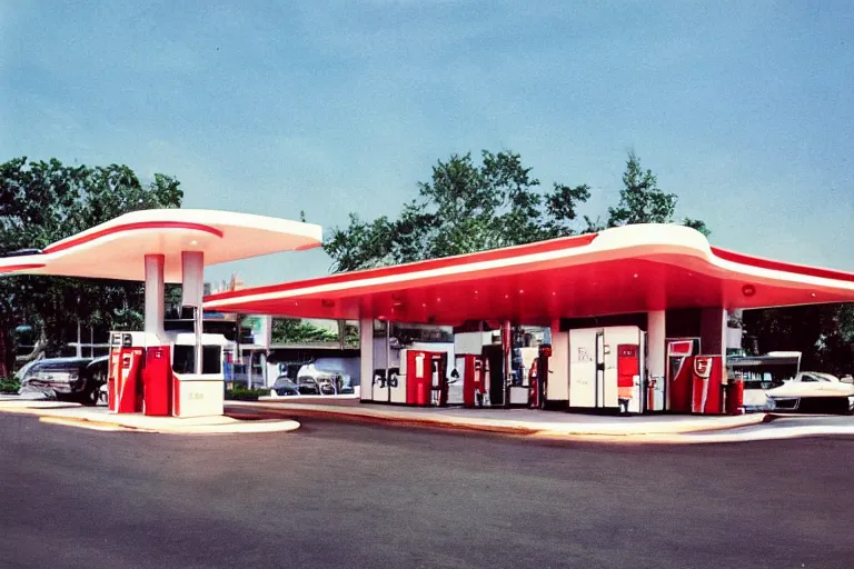 Prompt: a beautiful luxurious gas station, retro and 1 9 8 0 s style, beautiful architecture