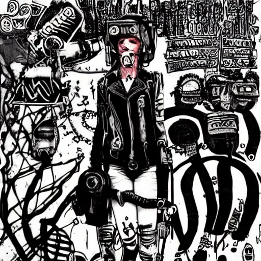 Image similar to punk album cover, black, white, orange, psychedelic, in the style of enki bilal, tank girl