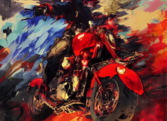 Image similar to anime key visual concept art of marvel ghost rider, riding a red akira motorcycle, by ashley wood, yoji shinkawa, jamie hewlett, 6 0's french movie poster, french impressionism, vivid colors, palette knife and brush strokes, style of kawacy and makoto shinkai and greg rutkowski