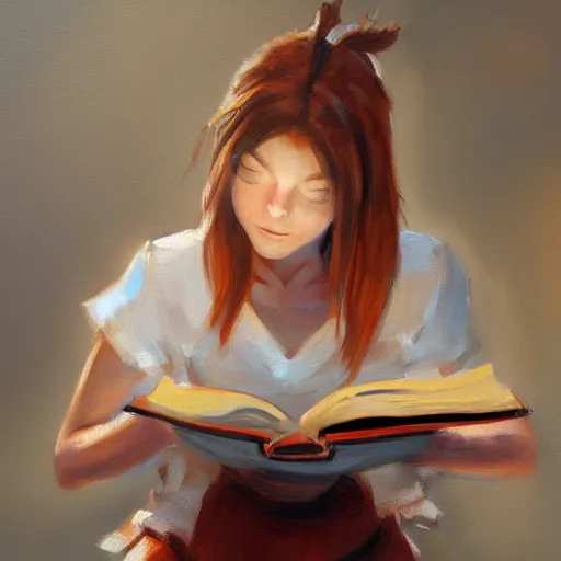 Prompt: catgirl studying from a textbook, expressive oil painting, emotions, beautiful lightning, digital art, trending on artstation