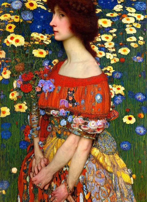 Image similar to a beautiful woman in a colorful dress surrounded by colorful patterns and flowers by john william waterhouse and gustave klimt and and edgar maxence and michael whelan, artistic, intricate realistic fantasy, extremely detailed and beautiful face, 8 k resolution, dramatic lighting