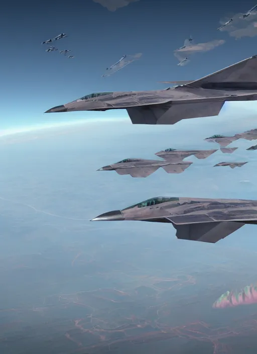 Image similar to hyperrealism, detailed textures, photorealistic 3 d, pilots view of squad flying futuristic stealth fighter jets, flying ultra low over an endless plain of flamingos, ultra realistic, cinematic, intricate, cinematic light, concept art, illustration, artstation, unreal engine 8 k