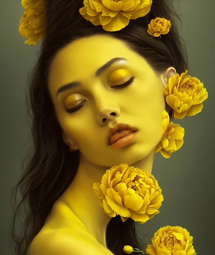 Image similar to beautiful yellow woman, symmetrical portrait, realistic, full body, black peonies, snake twist, rich details, by wlop