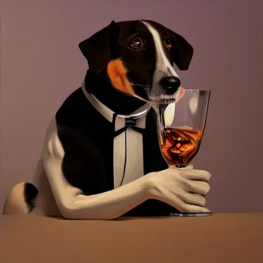 Prompt: a beautiful illustration painting of a dog in a tuxedo drinking whiskey by rutkowski featured on artstation, studio lighting, photorealistic digital art