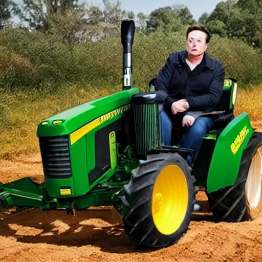 Image similar to award winning photograph, elon musk driving a john deere