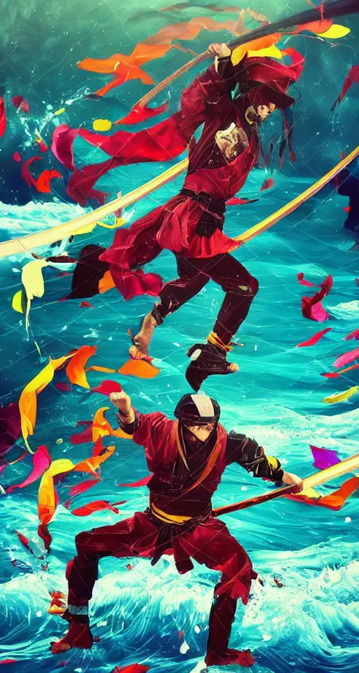 Prompt: colorful beautiful abstract scene, ninja with katana of water wave, full body, water fists of fury, jumping leaping heroic attack, action scene, ultra detailed