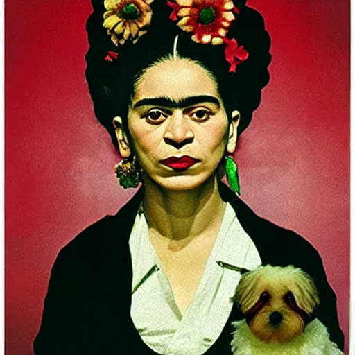 Image similar to a cream colored havanese dog as frida kahlo, portrait by frida kahlo