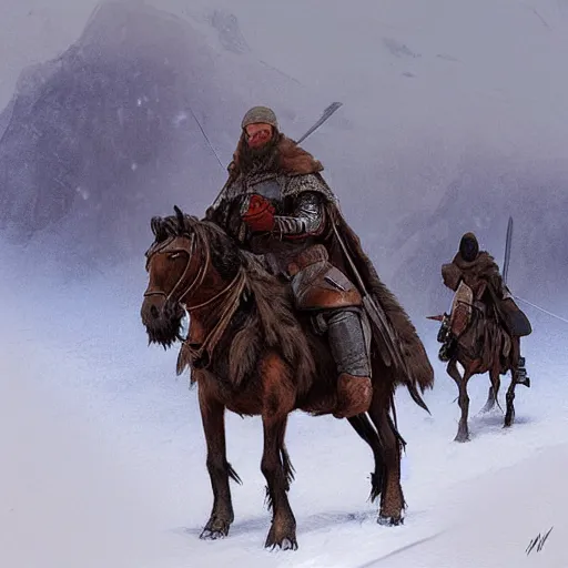 Prompt: “Two medieval men carrying furs on horseback in the snow in the middle of the mountains, snow storm, fantasy, highly detailed, digital painting, artstation, concept art, illustration, art by Greg Rutkowski and Marc Simonetti