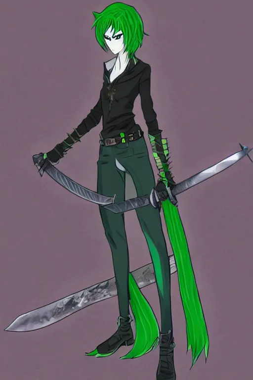 Image similar to name : rose gender : female race : human clothes : jeans and a black shirt weapon : sword special power : healing eye color : green hair color & style : short, spiky body type : slender.