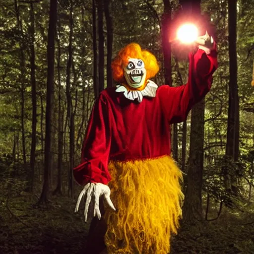 Image similar to ronald mcdonald as a dark scary horror creature with teeth in the woods with only one flashlight