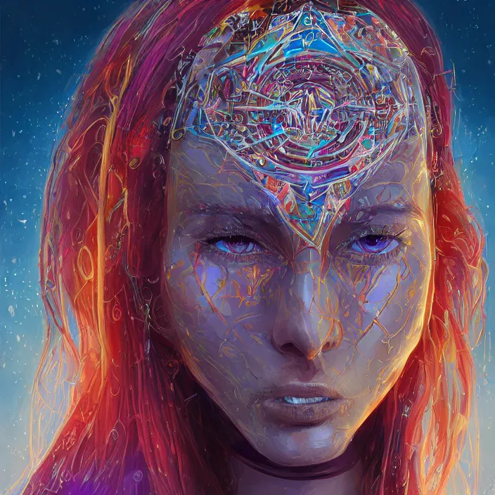 Image similar to portrait of a future metaverse ayahuasca tech shaman warrior, 2 d cartoon, visionary art, symmetric, magick symbols, holy halo, shipibo patterns, sci - fi, concept art, trending on art station, 8 k digital art, by mandy jurgens, fantasy portrait art, anime