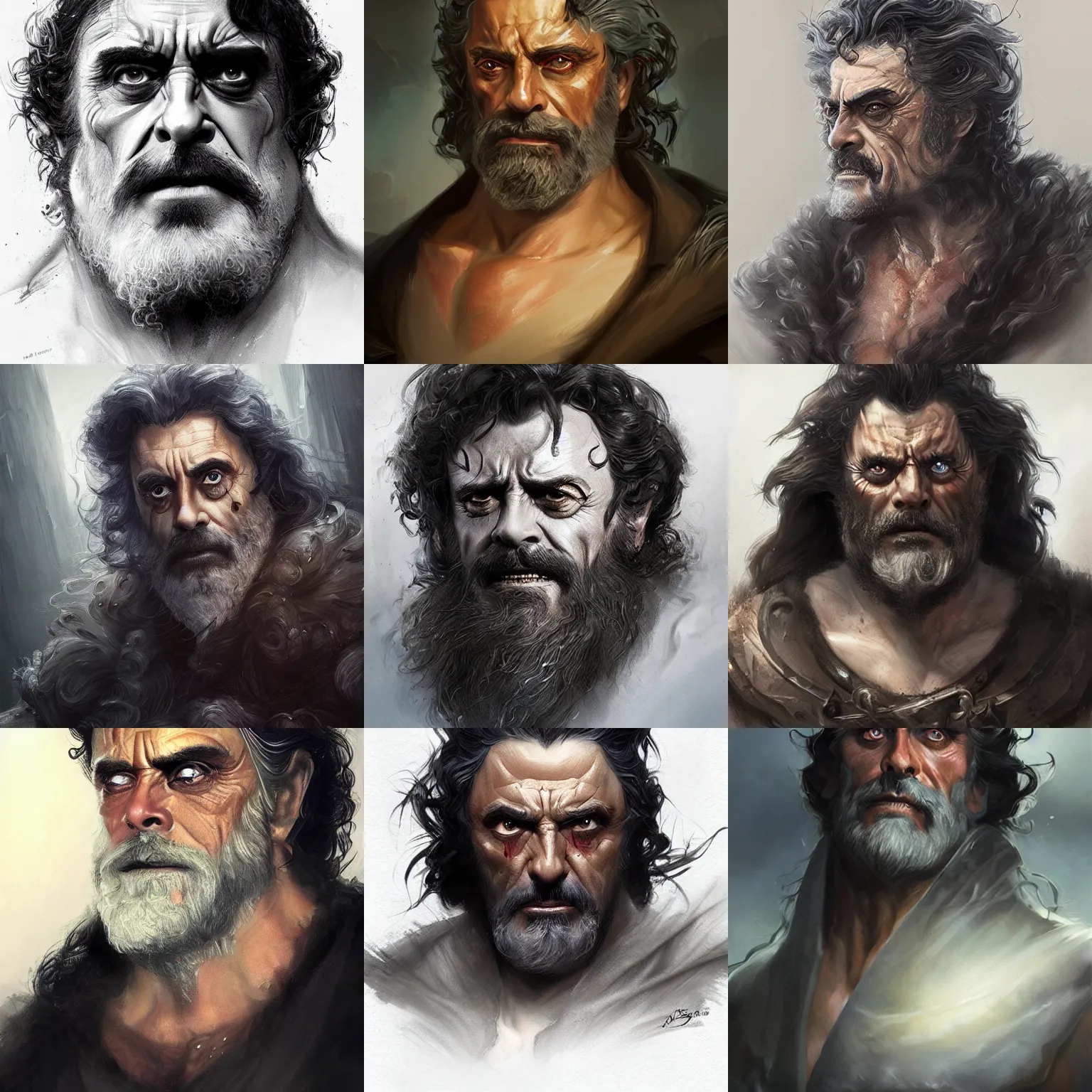 Prompt: hades, ian mcshane, curly black beard, D&D, fantasy, portrait, highly detailed, digital painting, trending on artstation, concept art, sharp focus, illustration, art by artgerm and greg rutkowski and magali villeneuve