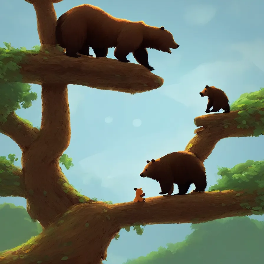 Image similar to Bear on a tree crossing the river, art by Goro Fujita, ilustration, concept art, sharp focus, ArtStation, Deviantart