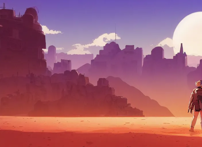 Prompt: cel shading background, science fiction pc game point - and - click adventure, studio ghibli, soldier roaming through desert with city in the skyline, two suns, purple orange colors, sharp focus, illustration, highly detailed, digital painting, concept art, matte, art by wlop and artgerm and greg rutkowski, masterpiece