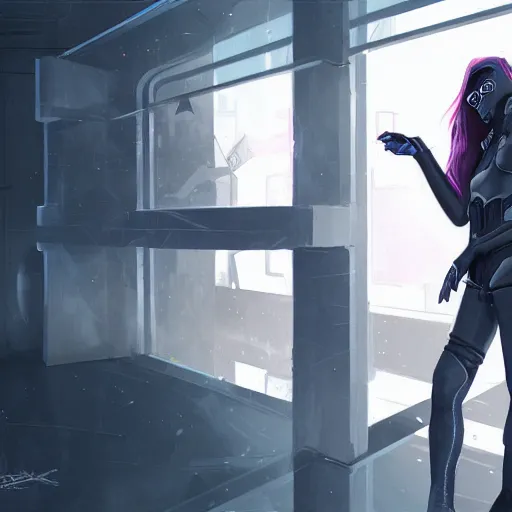 Image similar to female hacker breaking into high security system, dark brooding, artgerm, digital art, cgsociety, artstation